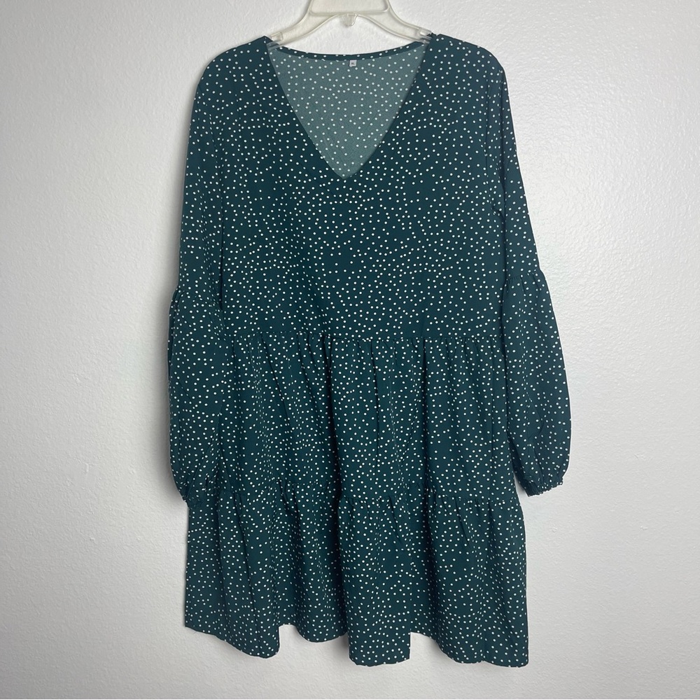 Boutique Dark Green Polka Dot Babydoll Loose Dress Modest